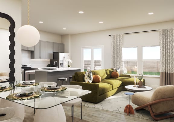 a rendering of a living room and kitchen in a model home