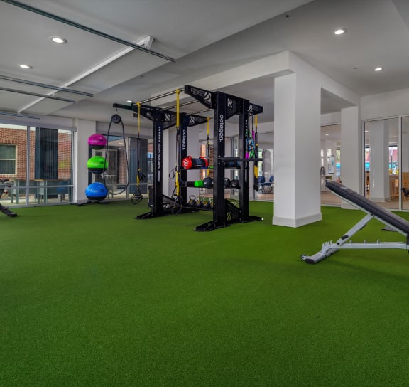 a home gym with astroturf floors and green carpet