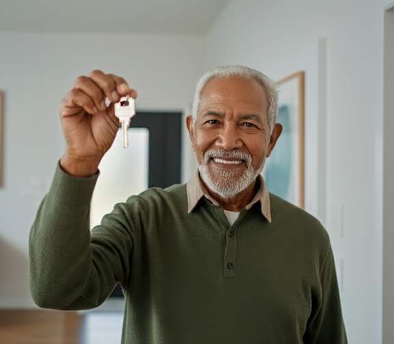 A man in a green shirt is holding up a key.