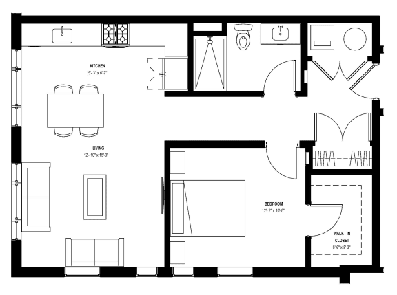 1 bed 1 bath floor plan S at Glassworks, Pennsylvania, PA