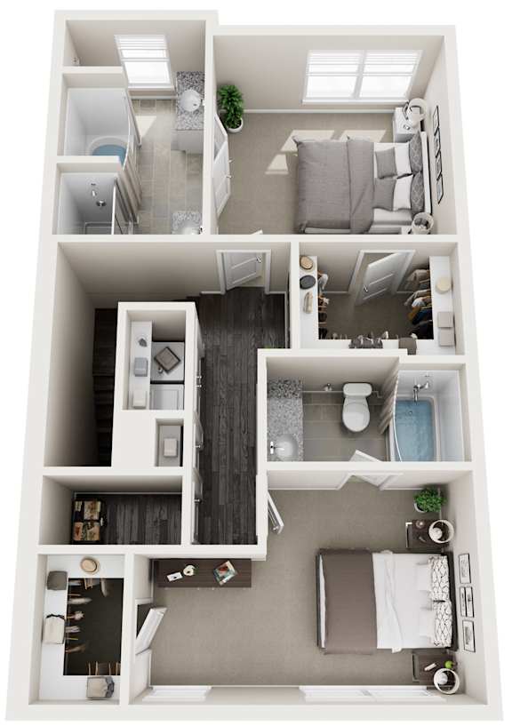 A top-down view of a small apartment with a kitchen, living room, and bathroom.