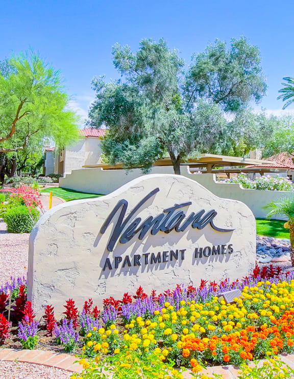 Monument sign at the entrance of the community at at Ventana Apartments in Scottsdale!
