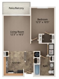 Floor Plan  Maple one bedroom floorplan at highland view apartments
