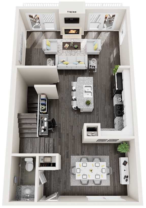 A top-down view of a small apartment with a kitchen, living room, and bathroom.