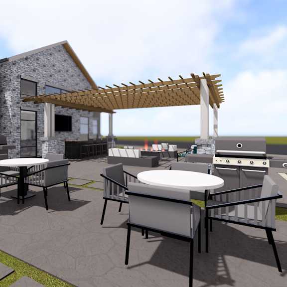 A patio with a table and chairs is shown in front of a building.