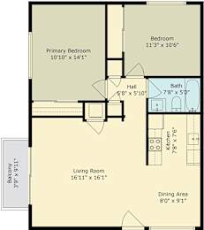 A floor plan for a living space with a kitchen, bathroom, and two bedrooms.