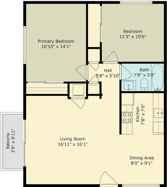 A floor plan for a living space with a kitchen, bathroom, and two bedrooms.