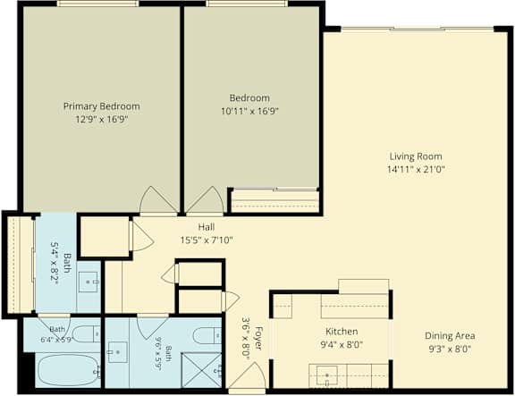 A floor plan of a one bedroom apartment with a living room, kitchen and bathroom.