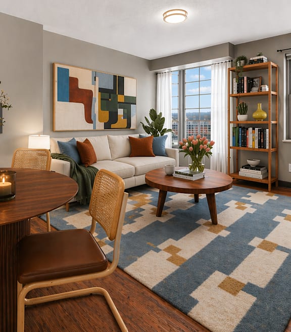 A modern living room with a dining table and chairs.