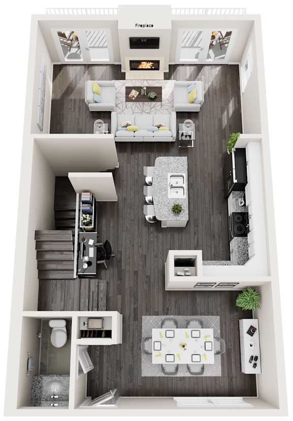 A top-down view of a small apartment with a kitchen, living room, and bathroom.