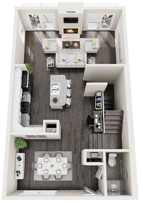 A top-down view of a small apartment with a kitchen, living room, and bathroom.