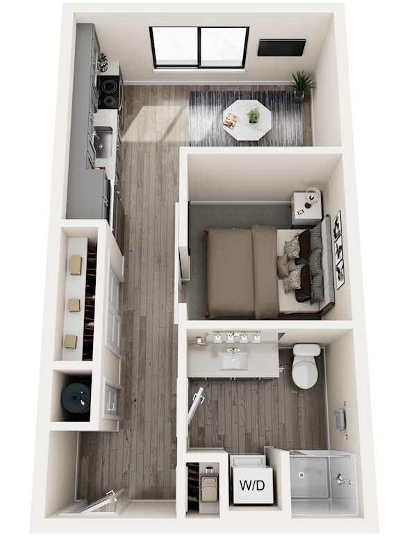 a stylized floor plan of a 1 bedroom floor plan