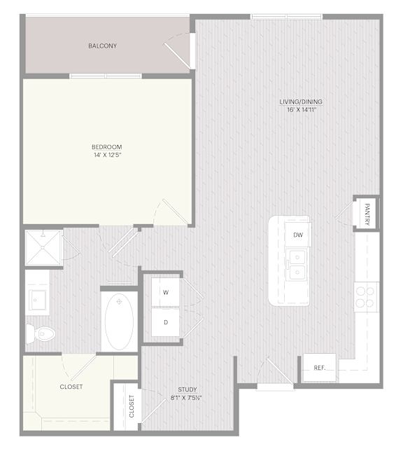 A floor plan of apartment A14 with labeled rooms.