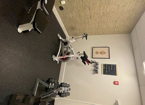 A gym with a weight bench and a wall mounted pull up bar.