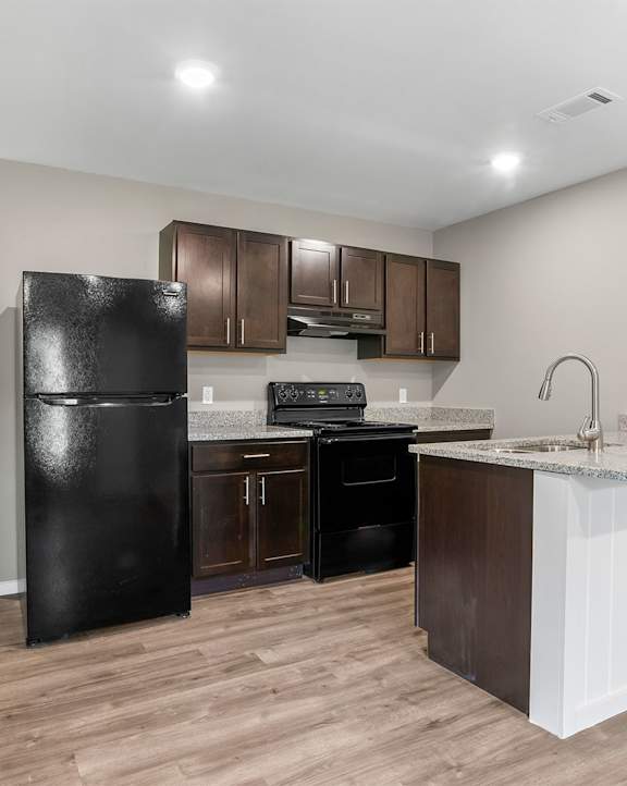 A kitchen with a black fridge, black dishwasher, and black stove.