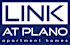 A blue and white logo for Link at Plano apartment homes.