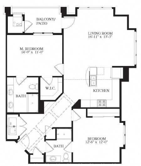 A floor plan for a 2 bedroom, 2 bath apartment.
