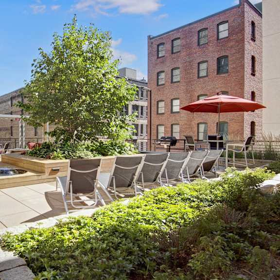 A patio with pool-style chairs, greenery, a table and chairs, and an umbrella at Lofts at Farmers Market