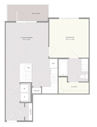 A drawing of a floor plan for a room with a living room, dining room, kitchen, and bathroom.