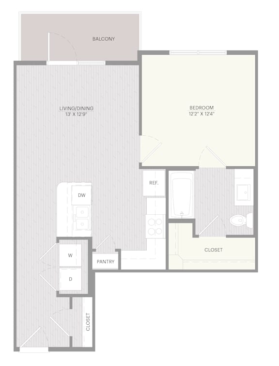 A drawing of a floor plan for a room with a living room, dining room, kitchen, and bathroom.