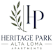 A logo for Heritage Park Alta Loma Apartments featuring a laurel branch and the letters HP.