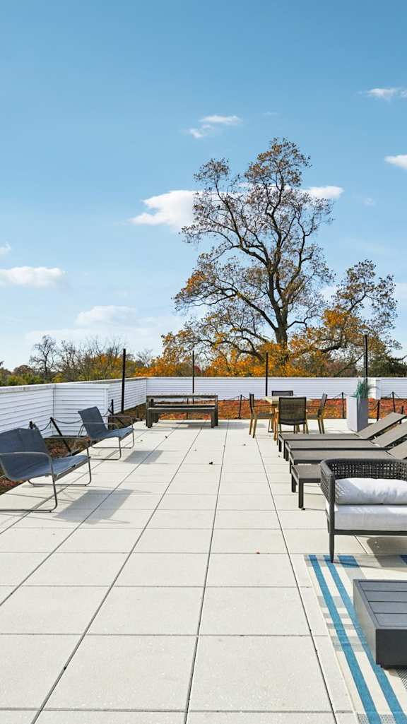 A rooftop patio with benches and trees in the background.