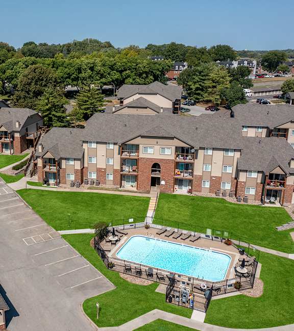 Aerial view of Regency Woods community, showcasing the layout of the buildings and surrounding greenery.