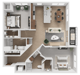 A detailed 3D floor plan of a house layout.