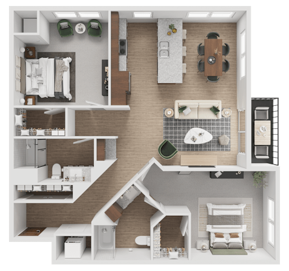 A detailed 3D floor plan of a house layout.