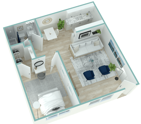 A 3D floor plan of a small apartment with a kitchen, living room, and bathroom.
