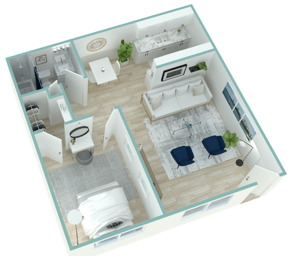 A 3D floor plan of a small apartment with a kitchen, living room, and bathroom.