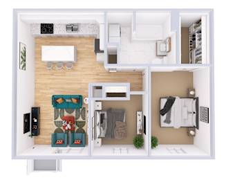 A white dollhouse with a living room, kitchen, and bathroom.
