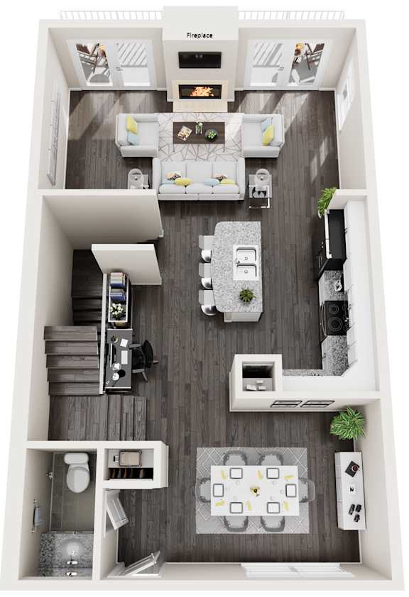 A top-down view of a small apartment with a kitchen, living room, and bathroom.