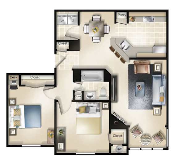 2 Bed 1 Bath Floor Plan at Brittany Commons Apartments, Virginia, 22553