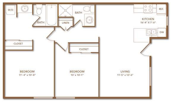 A floor plan of a 838 square feet home with two bedrooms, a living room, a kitchen, a bathroom, a linen closet, and a coat closet.