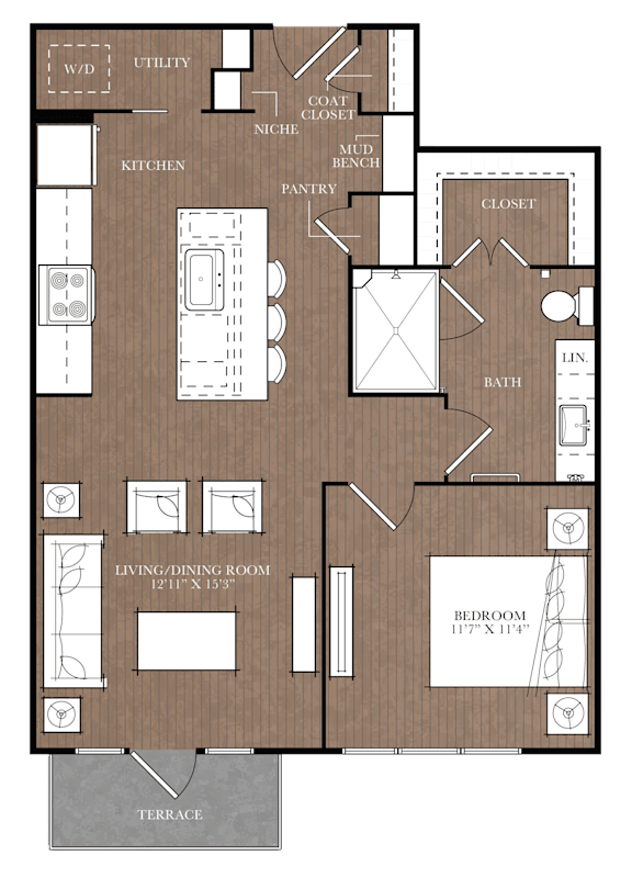 A floor plan of a house with a living room, dining room, kitchen, and bathroom.