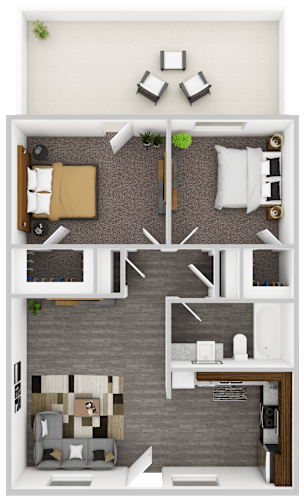 Floor Plan  A floor plan of a house with a living room, kitchen, and two bedrooms.
