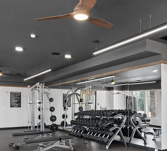 a gym with weights machines and a ceiling fan