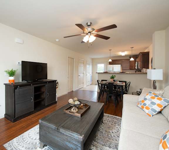 A living room with a television, a couch, and a coffee table.