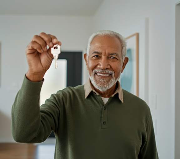 A man in a green shirt is holding up a key.