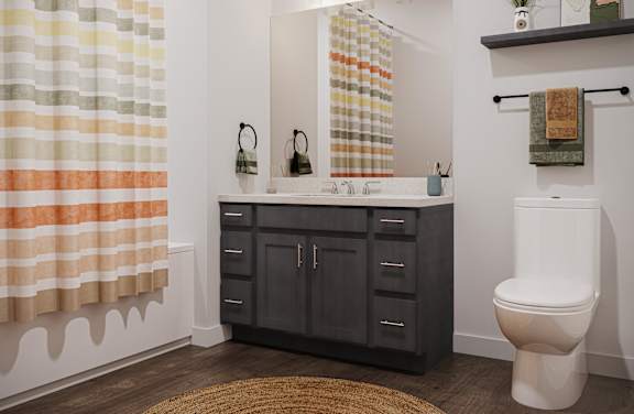 A bathroom with a toilet, sink, and shower curtain.
