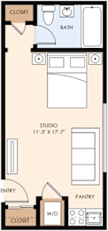 A floor plan of a unit with a kitchen, living room, and two bedrooms.