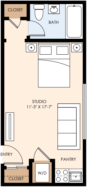 A floor plan of a unit with a kitchen, living room, and two bedrooms.
