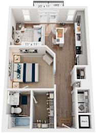 Studio 1 Bath Floor Plan | 672 Sq. Ft. at One Riverside Apartments, Chattanooga, Tennessee, 37403