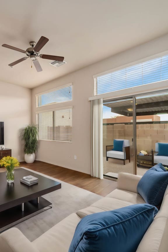 Living Room and Patio at Avilla River Apartments in Tucson Arizona
