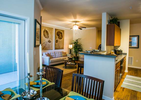 Spacious Living Room with a Ceiling Fan at Apartment Complex 85209