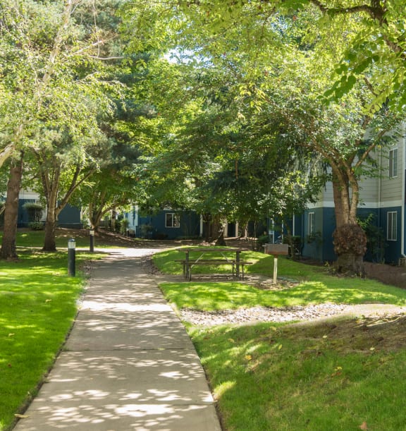 Hathaway Court community walking path and BBQ and picnic table area shaded by trees 