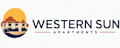 The image is a logo for Western Sun Apartments, featuring a stylized sunset and a house.