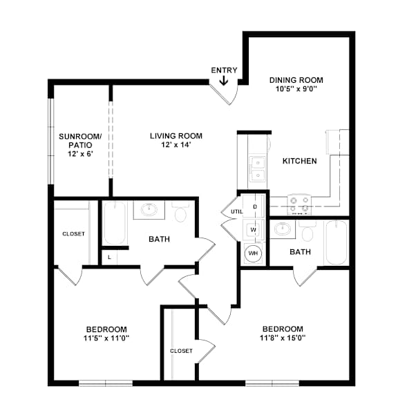 A black and white image of a floor plan for a home with a dining room, living room, kitchen, two bathrooms, two bedrooms, and a sunroom/patio.