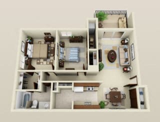 Two bedroom one bathroom with washer dryer 960 Sq.Ft. Floor Plan